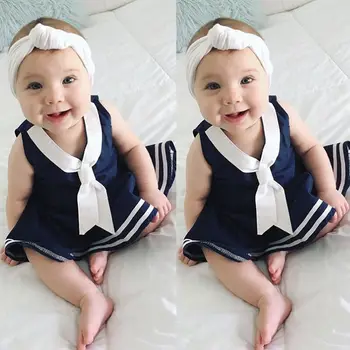 Brezplačna dostava Baby Toddler Otroci Dekleta Poletje Moda Obleko brez Rokavov Mornar Kostum Krila
