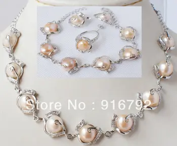 Brezplačna dostava >>>>Modni nakit roza sladkovodnih biserno ogrlico, zapestnico, uhane obroč iz