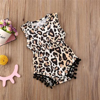 Brezplačna dostava Srčkan Newborn Baby Dekleta Obleke Leopard tiskanja Tassel bombaž Jumpsuit krog vratu Obleka brez rokavov enega kosov