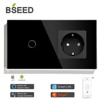 BSEED WIFI 1/2/3Gang Dotik Stikala za Luč Smart Stensko Stikalo Smart Življenje APP Steklena Plošča z EU Vtičnico Brez Wifi Bel