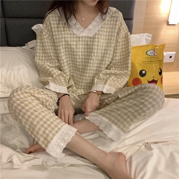 CAIYIER korejski Ulzzang Roza Vzorcem Tiskanja Pižamo Nastavite Lepo Proti-Vrat Dekleta More Svoboden Priložnostne Dolg Rokav Pozimi Homewear Obleko