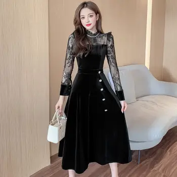COIGARSAM francoskem Slogu Mozaik Ženske enodelno obleko korejski Novo Čipke Obleke Vino, Rdeče, Črno 666