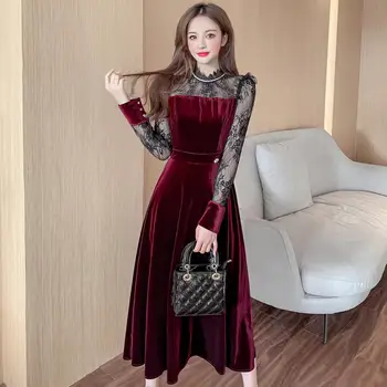 COIGARSAM francoskem Slogu Mozaik Ženske enodelno obleko korejski Novo Čipke Obleke Vino, Rdeče, Črno 666