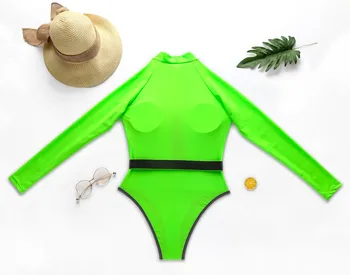 Colorblock Potopite V Vratu En Kos Kopalke Dolgimi Rokavi Ženske Visoko Pasu Rashguard 2020 Novih Kopalcev Na Plaži Športni Kopalne Obleke