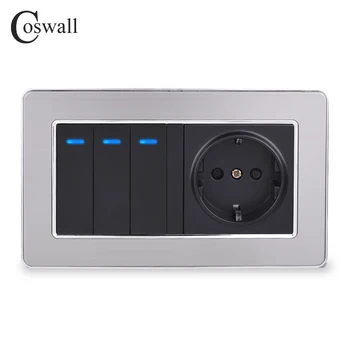 Coswall EU Standardno omrežno Vtičnico + 3 Banda 1 Način On / Off Stikala za Luč Z LED Indikatorja iz Nerjavnega Jekla Okvir 146mm*86mm