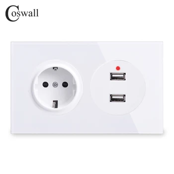 Coswall Kristalno Čistega Kaljenega Stekla Plošča 16A EU Standardno omrežno Vtičnico Z Dvojnim USB Polnjenje prek kabla USB Vrata 2.4 Izhod R11 Serije