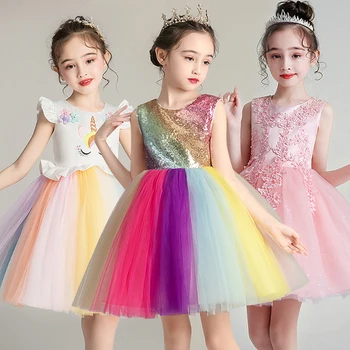 Cvet Dekle svate barve preplete mavrica čipke obleka Princess Birthday družini stranka praznik Samorog tiskanja Princesa Obleko