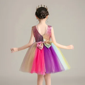 Cvet Dekle svate barve preplete mavrica čipke obleka Princess Birthday družini stranka praznik Samorog tiskanja Princesa Obleko