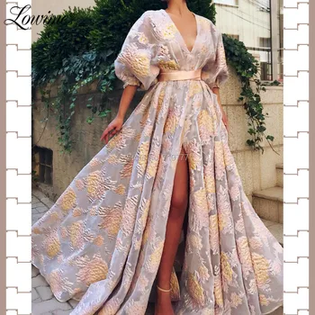 Cvetlični Vzorec V Vratu Prom Obleke Abendkleider Pol Rokavi Večerne Ženske Linije Arabski Stranka Obleko 2019 Vestido De Praznik