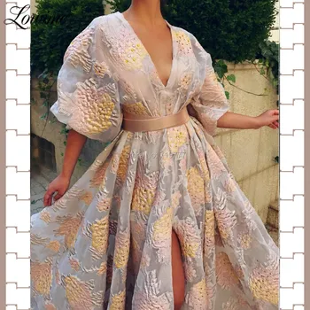 Cvetlični Vzorec V Vratu Prom Obleke Abendkleider Pol Rokavi Večerne Ženske Linije Arabski Stranka Obleko 2019 Vestido De Praznik