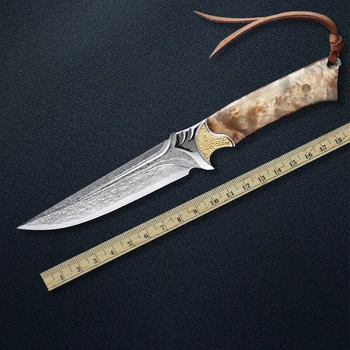 Damask Jekla Lovski Nož Bela Senca Leseni Ročaj Fiksno Rezilo, Nož Nož Za Kampiranje Na Prostem Orodje Taktično Nož