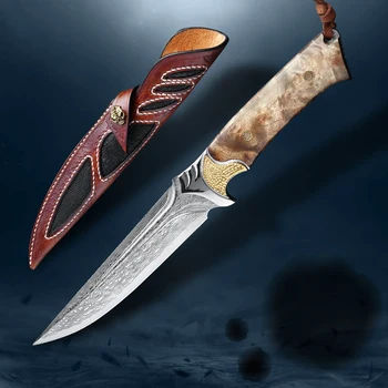 Damask Jekla Lovski Nož Bela Senca Leseni Ročaj Fiksno Rezilo, Nož Nož Za Kampiranje Na Prostem Orodje Taktično Nož