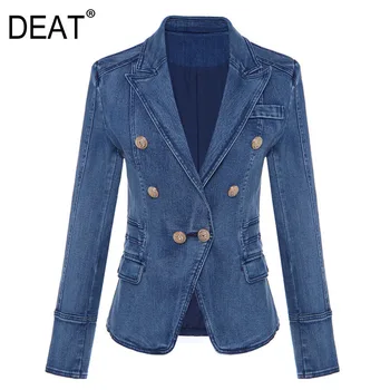 DEAT jeseni in pozimi dvojno zapenjanje denim modra jakna visoko pasu ženska kratka dlaka visoko modo kovinski gumbi WJ02305L