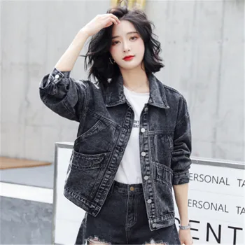 Denim Jeans jakno Plašč Ženske Letnik Black Jeseni Leta 2020 Novo korejskem Slogu, Dolg Rokav Svoboden ženske plašči in jopiči 96B