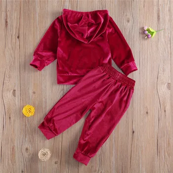 Dojenčka Žametno Obleko Z Dolgimi Rokavi Sequins Splice Hooded Majica + Hlače Bleščica Šivanje Dekoracijo Pomlad Oblačila Otroci