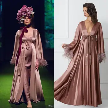 Dolg Rokav Seksi Ženske, kopalni plašč s Perjem Meri Sleepwear Nightgowns 2020 Moda Poročne Oblek