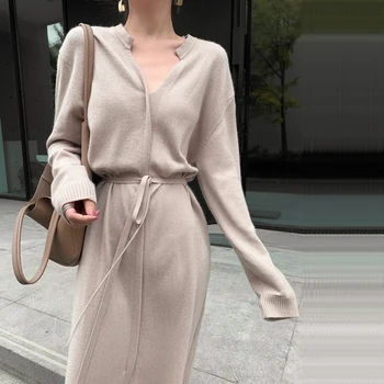 Dolgo Pleteno Obleko Za Ženske Elegance Barva Proti-vrat Sashes Obleke Jeseni korejskem Slogu Elegantna 2020 Nov Modni Priložnostne