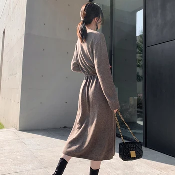 Dolgo Pleteno Obleko Za Ženske Elegance Barva Proti-vrat Sashes Obleke Jeseni korejskem Slogu Elegantna 2020 Nov Modni Priložnostne