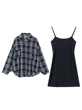 Dva Kosa iz Ženske 2020 Poletje Jesen korejski Oblačila, Casual Kariran Dolg Rokav Vrh Preveliko Majico in Črna Mini Obleka Obleke