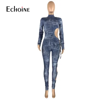 Echoine Ženska Imitacija jeansa Votlo tiskanje Iz Slim igralne obleke Jumpsuit Turtleneck Dolg Rokav Stranka Klub Obleka, Obleka