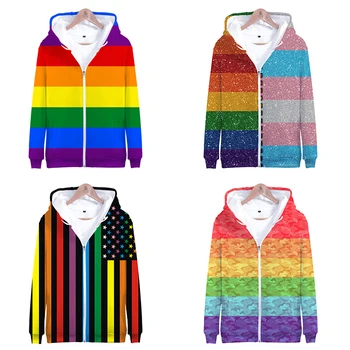 Edinstven 3D LGBT Mavrične Zastave Lezbijke, Geji Hoodies Moški Ženske Zadrgo Mens Hooded Lep LGBT Moški pulover s kapuco Zip Gor Skp Sweatshirts