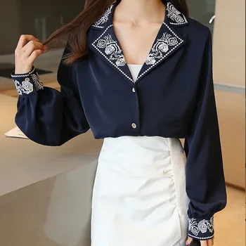 Elegantno Bluzo Vezenino letnik Dolg Rokav Vrhovi Oblikovalec majice ženske Priložnostne francoski korejski urad dame Vrhovi 12479