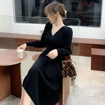 Elegantno Pleteno Obleko Ženske Zimske Retro Urad Pulover Obleko Ženski Priložnostne Slim Japonski korejski enodelno Obleko Ženske 2020 Nova