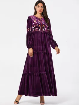 Elegantno Žamet Muslimansko Obleko Ženske Lok Cvetlični Velikem Zamahu A-line Maxi Obleko Kimono Jubah Haljo Tiskanja Abaya Obleke Islamska Oblačila