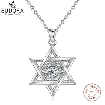 EUDORA 925 Sterling Silver Star, David & Kubičnih Cirkonij Ogrlico, Obesek, Moda Hexagram CZ Nakit za Obletnico Darilo D334