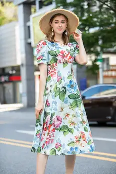 Evropski Poletje Oblikovalec Priložnostne Poklicanost Obleka Ženske Kratke Rokave Pisani Cvetlični Tiskani Lady Midi Resort Obleko
