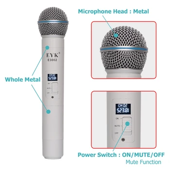 EYK E3002 Strokovno UHF Karaoke Brezžičnega Mikrofon Sistema Dolgega dosega Dvojni Kovinski Ročni Mikrofon Oddajnik z MUTE Funkcija