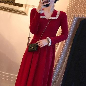 Francoski Stil Evropskega Modela Fenimine Vestidos Ženske Modni Mozaik Bele Čipke Novo Leto Rdeč Pleten Pulover Obleko