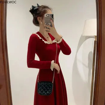 Francoski Stil Evropskega Modela Fenimine Vestidos Ženske Modni Mozaik Bele Čipke Novo Leto Rdeč Pleten Pulover Obleko