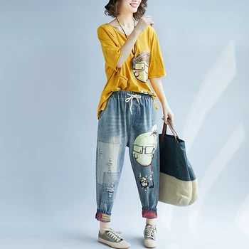 Harajuku Elastični Pas Tiskanja Risanka Fant Jeans Ženske Pomlad Jesen Ulične Denim Harem Hlače Jeans Femme Plus Velikost 2019