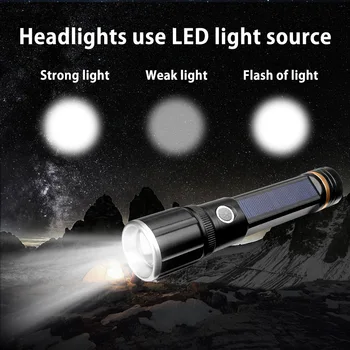 High Power Solarno Polnjenje LED Svetilka USB Polnjenje Baklo Vodotesna Svetilka vgrajenim 18650 Baterijo Roko Svetlobe