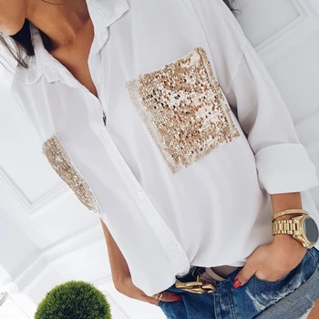 Hirigin Moda za Ženske Priložnostne srajco z Dolgimi Rokavi Šifon prsih sequined žep dolg rokav Bluze Svoboden žensko Bluzo Vrhovi
