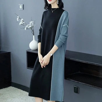 Japen Koreja Barvo Plesti Priložnostne Obleko Slim Retro Preppy Minimalističen Urad Dama Pulover Obleko 2020 Pomlad Nov Modni Dela