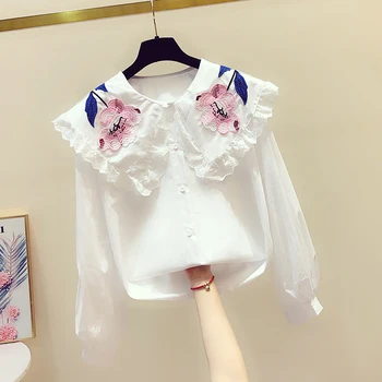 Jeseni Belo Bluzo za Ženske Novi korejski Ročno Vezenje Cvet Čipke Rob Dolg Rokav Lutka Turn-ovratnik Shirt Blusa Vrhovi
