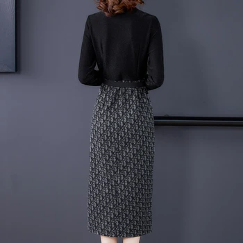 JiuMeiDai 2020 Žensk Pomlad Jesen A-Line Obleko Urad Dama Elegantno Mozaik Dolge Obleke, Ženski Proti-Vrat Moda Stranka Oblačila