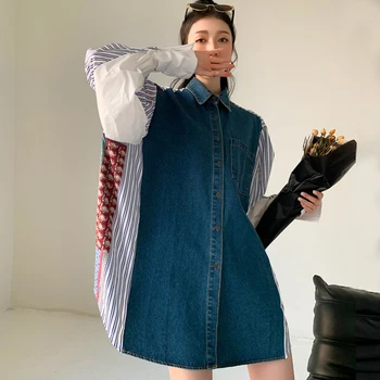 Johnature Novo Vintage Mozaik Denim Plus Velikost Ženske Dolge Srajce 2021 Pomlad Moda Prugasta Nezakonitih Bluze