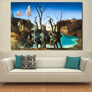 JQHYART Platno Umetnosti Salvador Dalí Slikarstvo Labodov, ki Odražajo Sloni Stenske Slike Za Dnevni Sobi Doma Dekor Natisnjen
