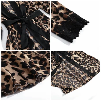 JULIJA JE PESEM Nov Modni Kos 4 Pižamo Nastavite Leopard Tiskanja Ženska Sleepwear Umetne Svile Zanko Haljo Z Prsih Pad Sleepwear