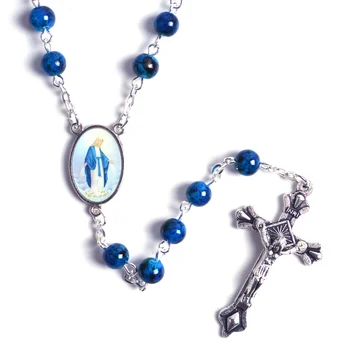 Katoliški Rožni Venec, Majhna Velikost Kroga Modre Steklene Kroglice Devica Marija Jezusa Ogrlica Za Ženske