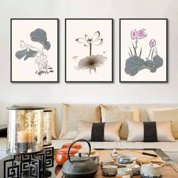 Kitajski Slog Lotus Plakat Elegantno Klasično Rastlin Platno Slikarstvo Ozadje Umetnosti Natisniti Sliko, Dnevna Soba, Pisarna Dekoracijo