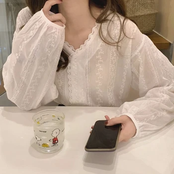 Korejski Kvačkanje Bele čipke majica Jeseni Tanke Proti-vrat Plus velikost svoboden Vrhovi Priložnostne Ženske bluzo blusa feminina