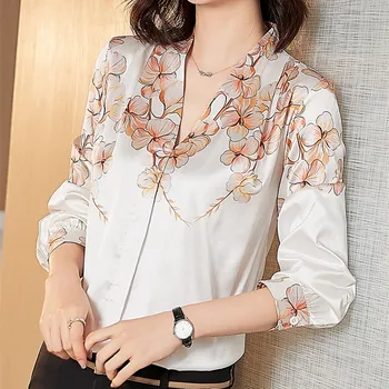 Korejski Svile Ženske Bluze Ženska Belo Svileno Bluzo Majica Elegantne Ženske Proti-vrat Svilene Srajce Priložnostne Ženska Dolg Rokav Cvetlični Bluze