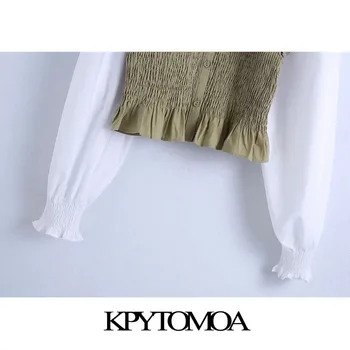 KPYTOMOA Ženske 2021 Moda Mozaik Smocked Elastična Odrezana Vintage Bluze z Dolgimi Rokavi Ogrlicom Ženske Majice Elegantna Vrhovi