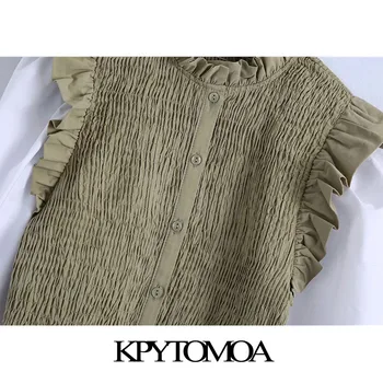 KPYTOMOA Ženske 2021 Moda Mozaik Smocked Elastična Odrezana Vintage Bluze z Dolgimi Rokavi Ogrlicom Ženske Majice Elegantna Vrhovi