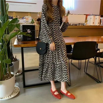Leiouna Priložnostne Svoboden Vintage O-Vratu Novo 2020 Pomlad Poletje Korejski Moda Obleko Tiskanja Šifon Midi Obleka Ženske Obleke Oblačila