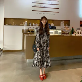 Leiouna Priložnostne Svoboden Vintage O-Vratu Novo 2020 Pomlad Poletje Korejski Moda Obleko Tiskanja Šifon Midi Obleka Ženske Obleke Oblačila